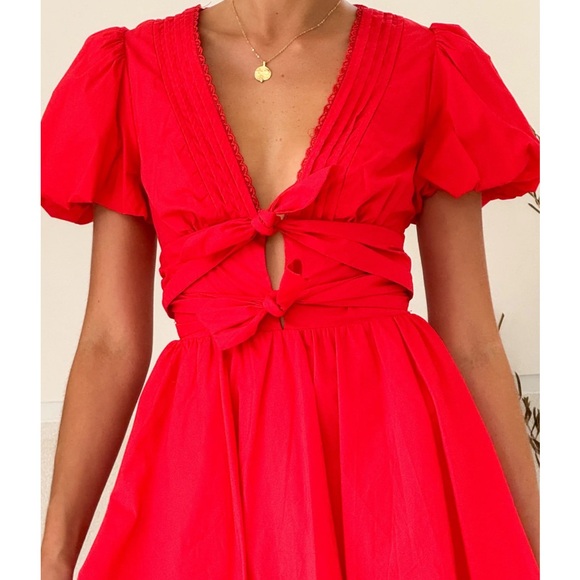 Red Tie Front Puff Sleeve Mini Dress - Picture 2 of 3
